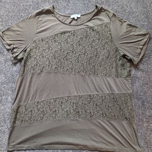 Chic Lace Panel Short Sleeve Top - Olive
